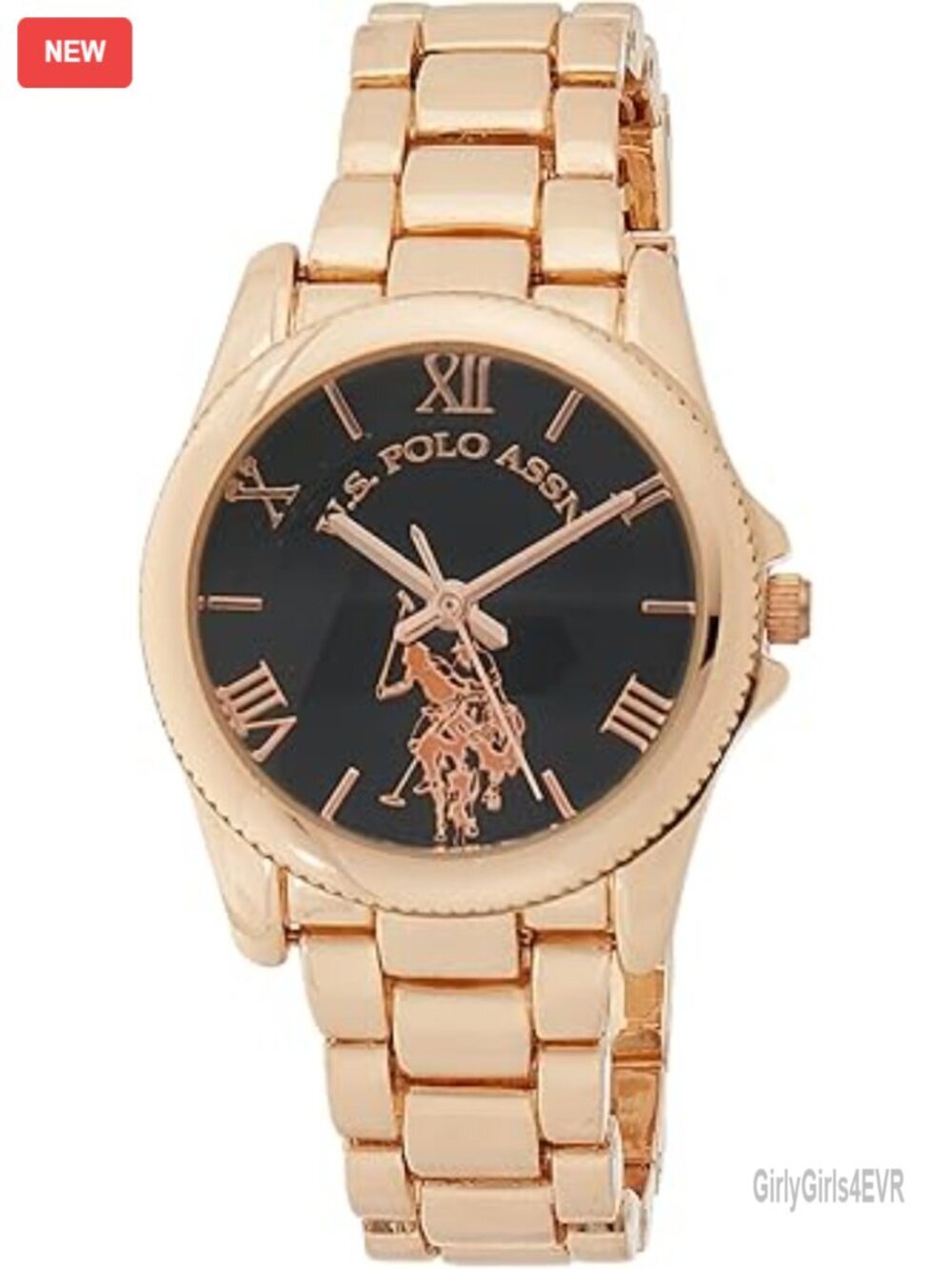 Women's Rose Gold-Tone Link Bracelet Watch with Black Dial and Roman Numerals